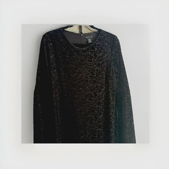 Adrienne Vittadini Black Velvet Burnout Sheath Whimsigoth Size Med Bell Sleeves - Picture 3 of 13